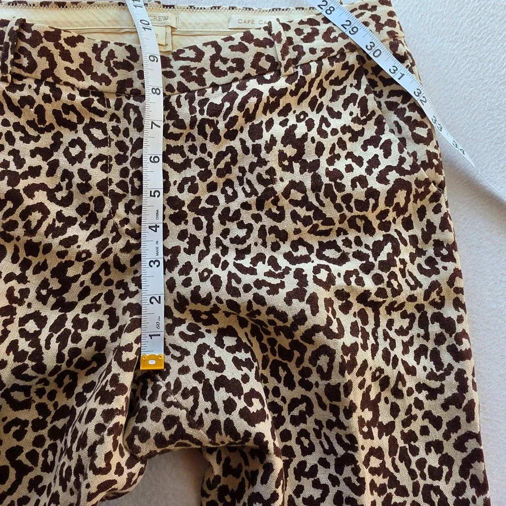 J. Crew Cafe Capri Leopard Print 100% Linen Pants Brown Tan Women Size 2